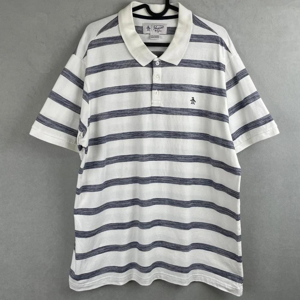 Original Penguin Mens XXL Striped Polo Shirt White Navy Blue Short Sleeve Cotton